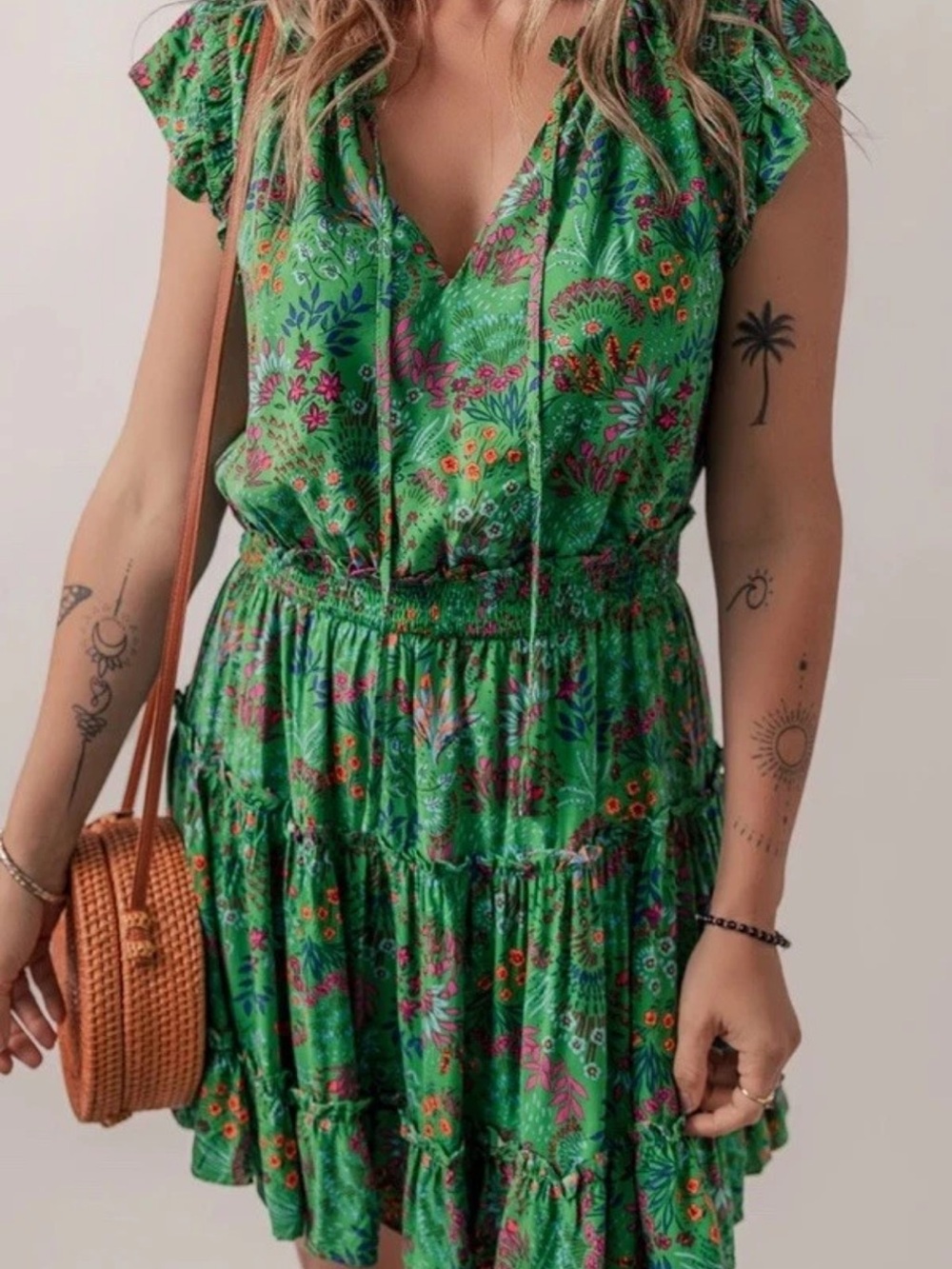 Sugarlips Green Floral Ruffle Tiered Mini Dress Size XL – Boho Garden Print